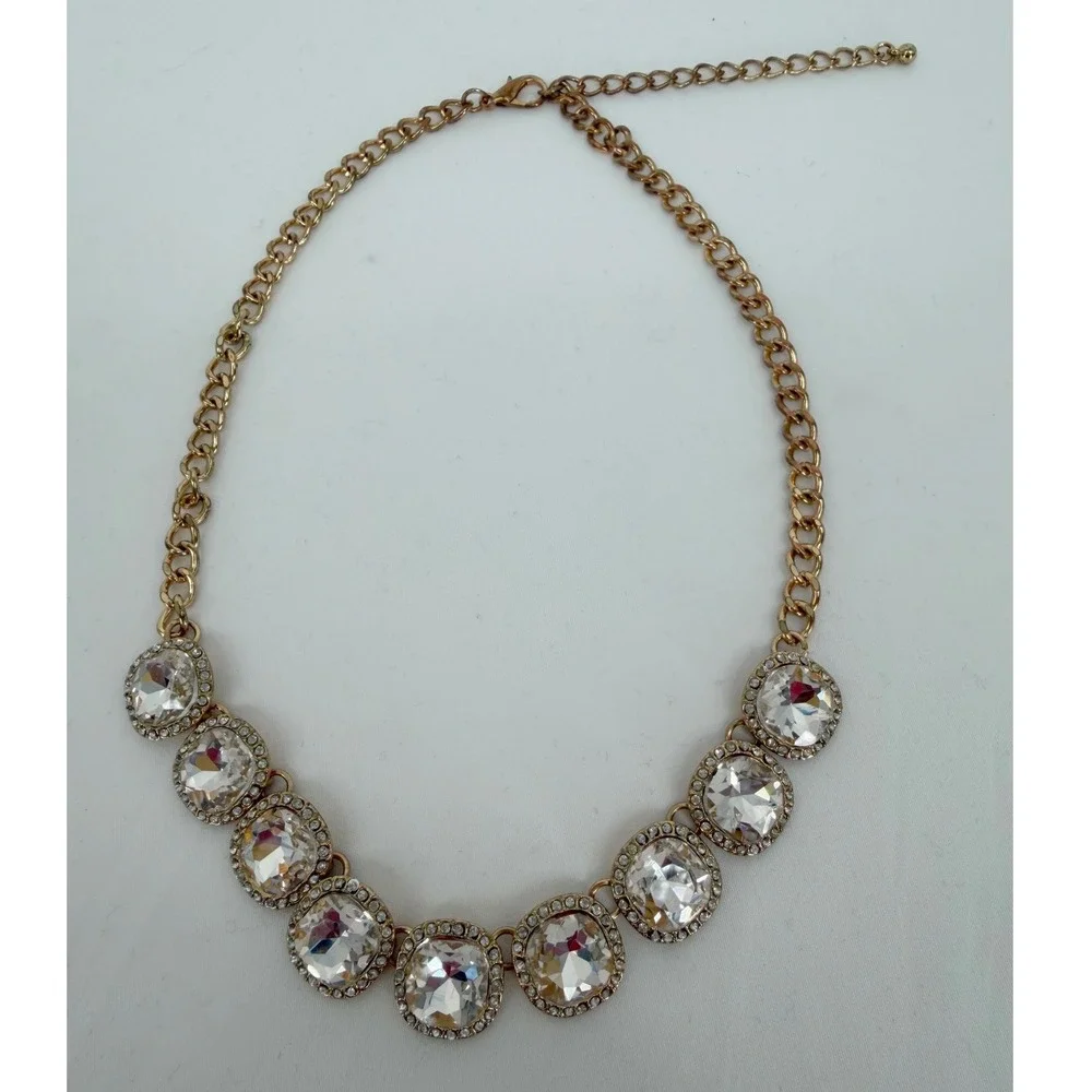 Gold Tone Clear Crystal Rhinestone Halo Bib Statement Necklace Adjustable 103-42